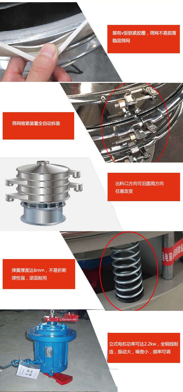 装有V型锁紧胶圈，使筛网不易脱落稳固筛网，筛网锁紧装置，全自动拆装，出料口方向可沿圆周方向任意改变。弹簧厚度达6mm，不易折断，弹性强，坚固耐用。专业的振动电机，全铜线制造，振动大，机械噪音。德士傻。产品对比:材质：jxf吉祥坊振动筛厂家采用304不锈钢材质耐腐蚀性，耐热性强。个别厂家采用其它金属材质，耐腐蚀性，耐热性差蒸发缓慢，烘干效率较低。jxf吉祥坊振动筛厂家采用金属编织网，筛分精度高，效率高，筛网利用率高。