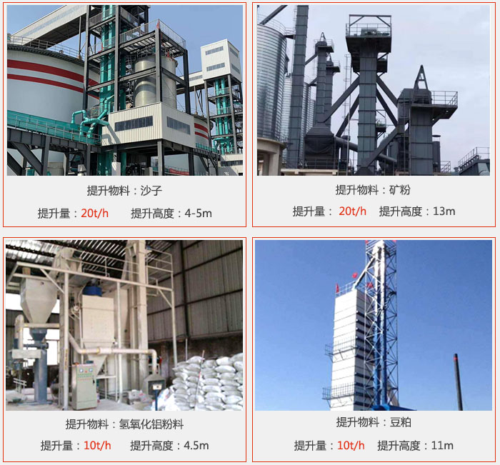 斗式提升机用户使用现场图片：提升沙子提升量：20t/h提升高度：4-5m提升物料：矿粉提升量：20t/h提升高度：13m提升物料：氢氧化铝粉料 提升量：10t/h提升高度：4-5m提升物料：豆粕提升量：10t/h提升高度：11m