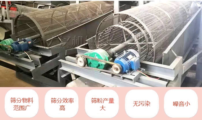 滚筒筛分机主要特点：筛分物料范围广，筛分效率高，筛分产量大，无污染，噪音小。