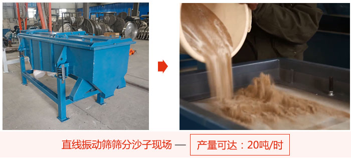 直线振动筛筛分沙子现场展示，产量高达20吨每小时。