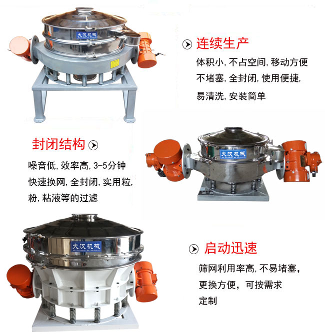 直径1000mm直排筛特点：连续生产：体积。徽伎占，移动方便，不堵塞，全封闭，使用便捷，易清洗，安装简单。封闭结构：噪音低，效率高，3-5分钟，快速换网，全封闭，实用粒，粉粘液等的过滤。启动迅速：筛网利用率高，不易堵塞，更换方便，可按需求定制。
