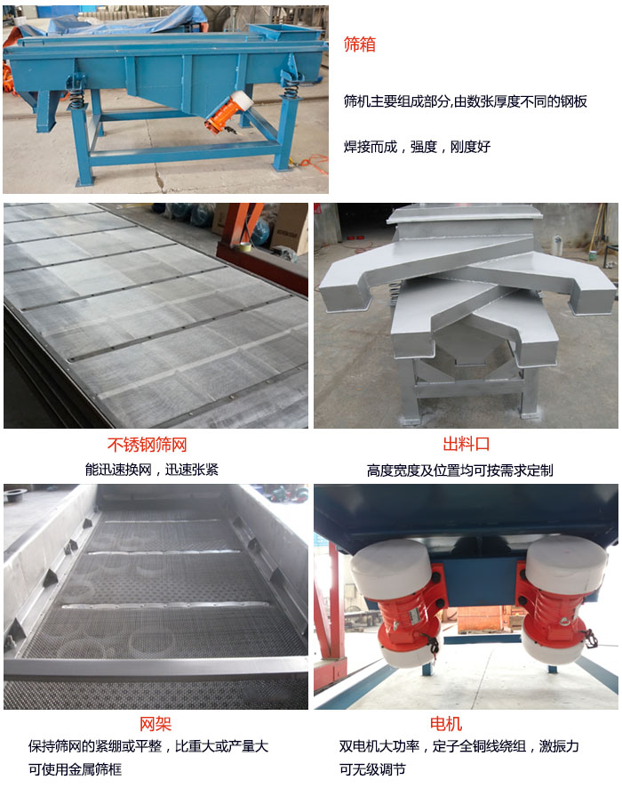 520型直线振动筛结构：筛箱：筛机主要组成部分，由数张厚度不同的钢板焊制而成，强度，刚度好。不锈钢筛网：能迅速换网，迅速张紧。电机：双电机大功率，定子全铜线绕组，激振力可无极调节。网架：保持筛网的紧绷和平整，比重大或产量大时可使用金属筛框。出料口：高度宽度及位置均可按照用户的要求来定制。