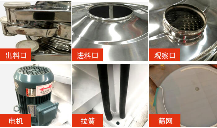 摇摆筛细节展示：出料口，进料口，观察口，电机，拉簧，筛网等。