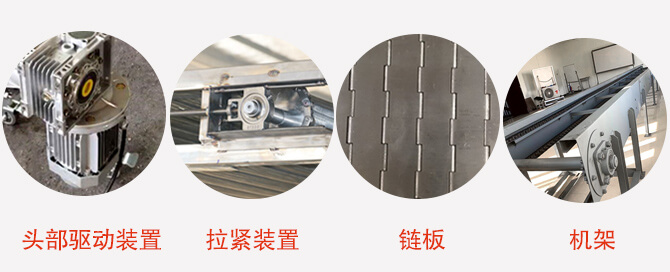 链板输送机结构：头部驱动装置，拉紧装置，链板，机架等图片展示