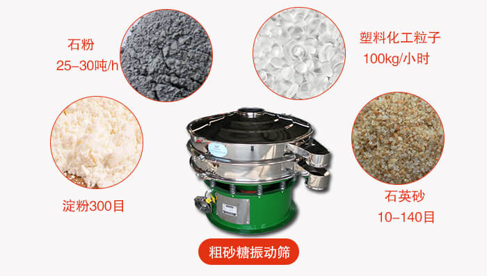 　粗砂糖振动筛更多适用范围:食品行业，化工行业，制药行业，行业，冶金行业等。