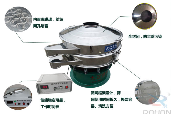 　三氯蔗糖粉超声波振动筛特点：内置弹跳球，纺织网孔堵塞，全封闭，防尘除污染，性能稳定可靠工作时间长，筛网框架设计，筛网使用时间长久，换网容易，清洗方便。