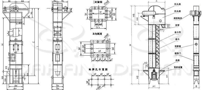 TD/D型斗式提升机基本结构:机头盖，机头座，减速电机，直管，底座，紧张装置等。