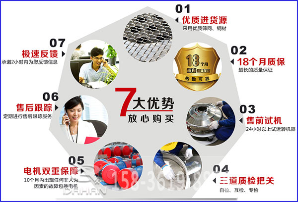 jxf吉祥坊食品振动筛的7大优势：优质进货源，售后跟踪，售前试机等。