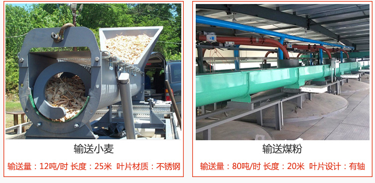绞龙螺旋输送机输送小麦输送量在12吨/时，长度为25米，叶片采用不锈钢材质；输送水泥输送量在80吨/时，长度为20米，叶片设计为有轴。